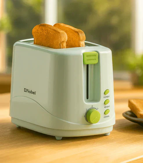 Nobel toaster from My Store with two slots, bread slices inside, ready for breakfast, modern kitchen appliance with a sleek design.
