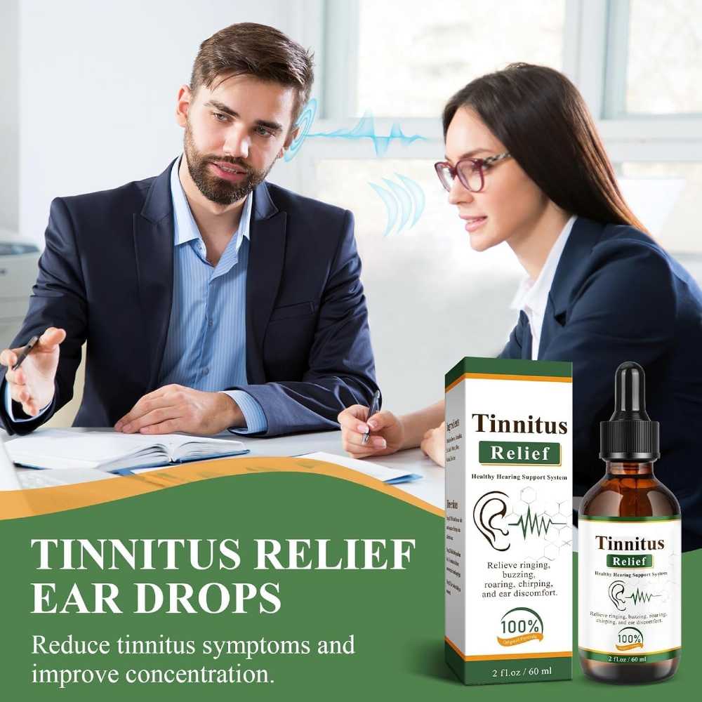 Herbal tinnitus relief drops in a small glass bottle with dropper, designed to reduce ear ringing naturally.