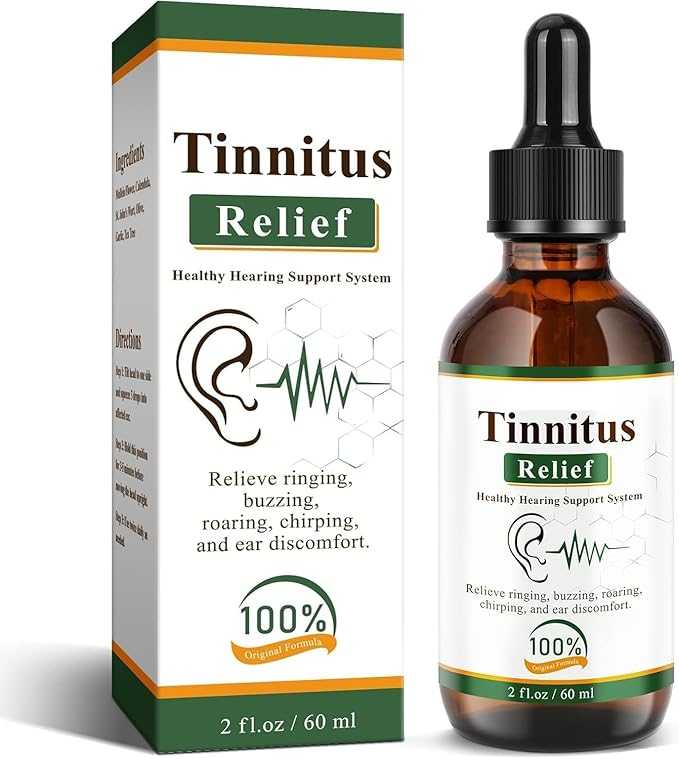 Herbal tinnitus relief drops in a small amber bottle with dropper, designed to ease ear ringing symptoms.