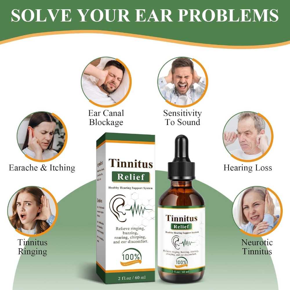 Herbal tinnitus relief drops in a small glass bottle with a dropper, designed to soothe ear ringing and discomfort.