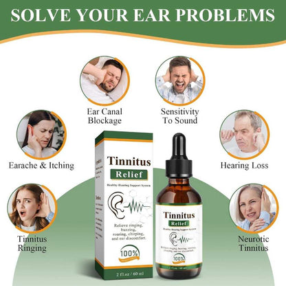 Herbal tinnitus relief drops in a small glass bottle with a dropper, designed to soothe ear ringing and discomfort.