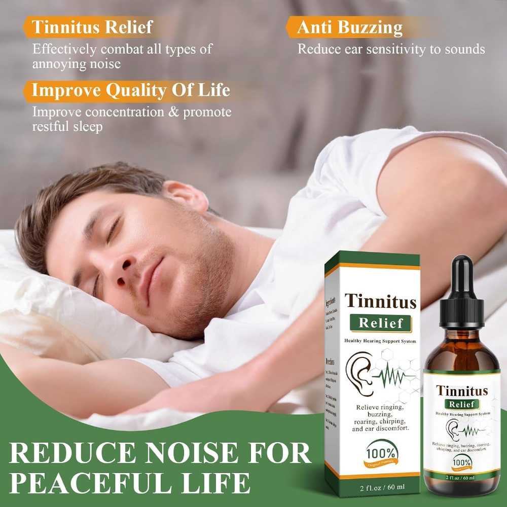 Herbal tinnitus relief drops in a small glass bottle with a dropper, designed to soothe ear ringing symptoms.