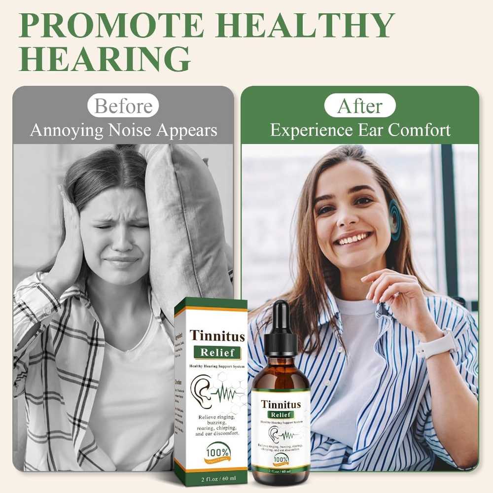 Herbal tinnitus relief drops bottle with dropper, showing the 100% herbal formula for ear tinnitus relief.