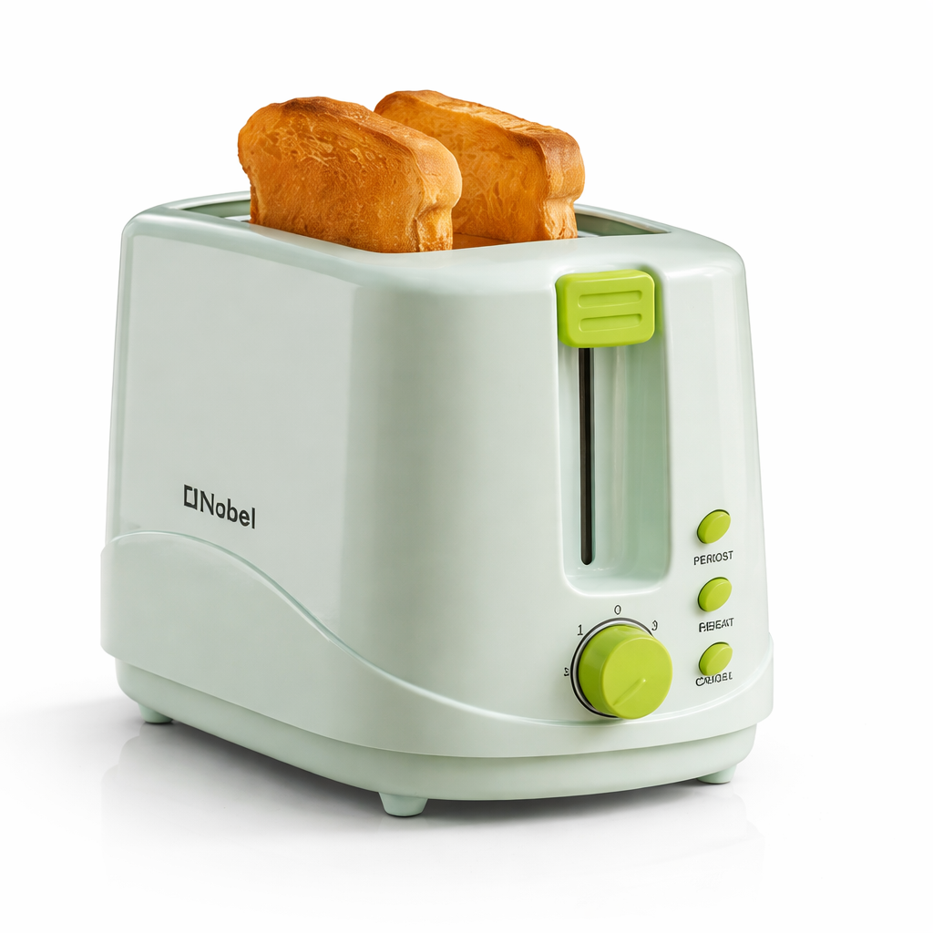My Store Nobel toaster for breakfast, featuring two slots with a sleek design and control buttons visible on the front.