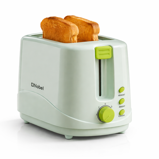 My Store Nobel toaster for breakfast, featuring two slots with a sleek design and control buttons visible on the front.