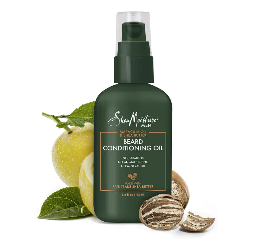 SheaMoisture Men Maracuja Oil and Shea Butter beard conditioning oil bottle with pump, suitable for nourishing men's beards.