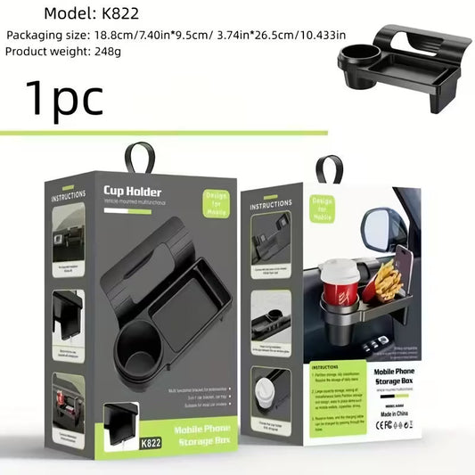 Car armrest with built-in mobile phone holder and cup holder for convenient in-car storage and organization.