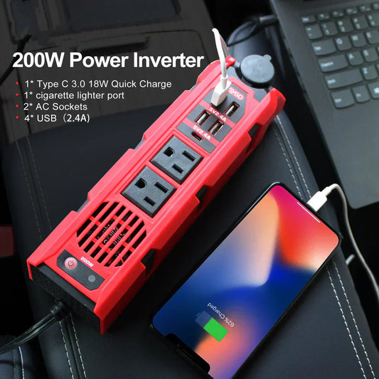 Bloom Mart BYGD portable power inverter showing compact design with multiple outlet ports and digital display screen.