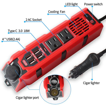 Bloom Mart BYGD portable power inverter showing compact design with input and output ports for on-the-go electricity.