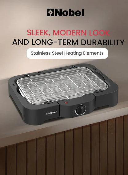 Nobel electric grill by My Store, featuring a sleek black design with a cooking surface and control knobs for indoor grilling.