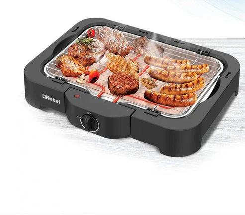 Nobel electric grill from My Store with a sleek black design, heating element, and adjustable temperature control.