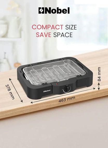 Nobel Electric Grill by My Store showing a sleek black electric grill with adjustable temperature control and non-stick surface.