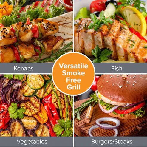 Nobel electric grill by My Store showing a sleek black electric grill with a flat cooking surface and control knobs.