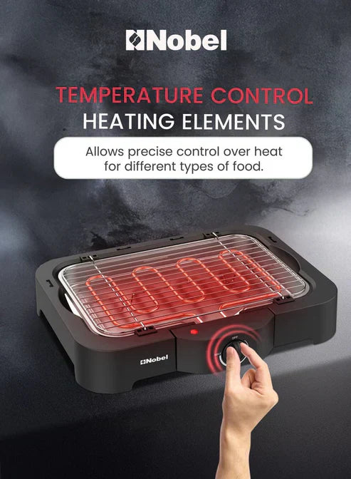 Nobel electric grill by My Store showing a sleek black countertop grill with heating elements and control knobs.