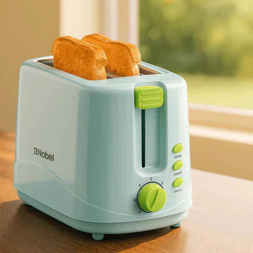 Nobel Toaster Breakfast Made Simple in sleek black, with bread slices toasted and ready on a modern kitchen countertop.