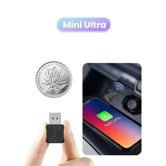 Wireless Car Play adapter by My Store connected to a car dashboard displaying smartphone integration.